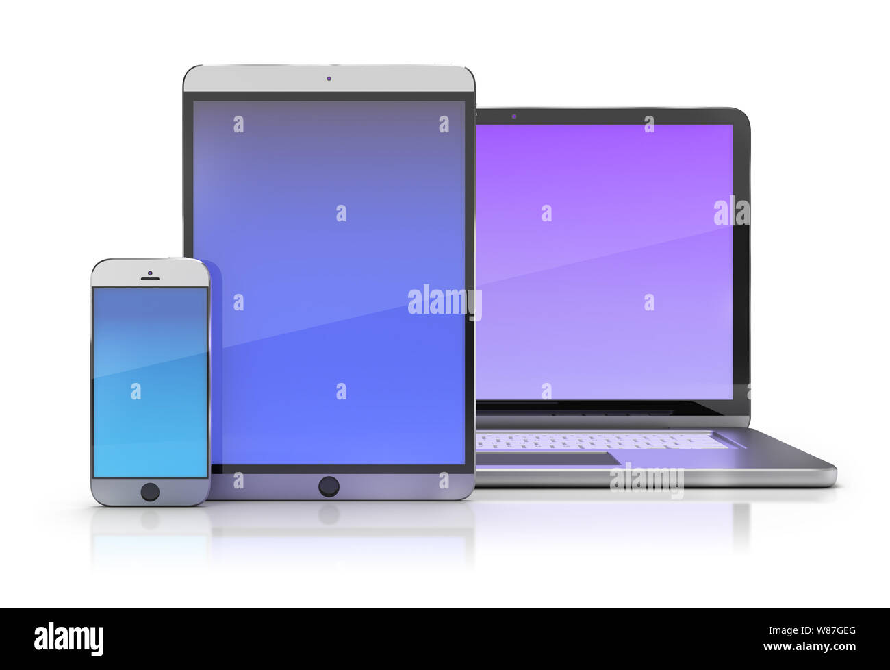 Appareils électroniques. Smartphone, tablette et ordinateur portable. Image 3d. Arrière-plan blanc. Banque D'Images