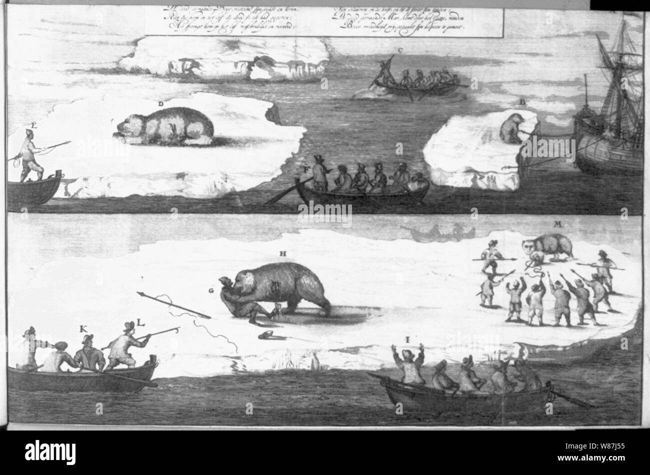 2 illustrations d'hommes chassant l'ours polaire, avec des lances, des icebergs et dans l'eau, de bateaux et de navire - le Groenland, ca. 1700 Banque D'Images