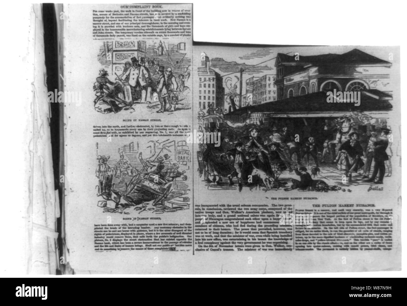 3 scènes de rue de la ville de New York montrant les mauvais a ouvert des voies : le marché Fulton Nuisance et scène dans Nassau Street Banque D'Images