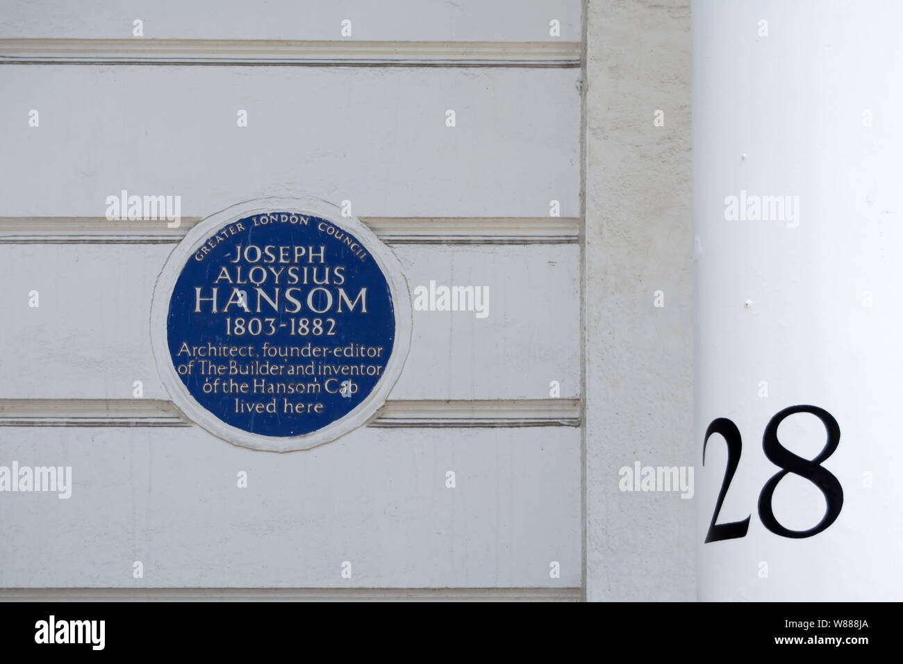 Greater London Council blue plaque marquant un accueil de James aloysius hansom, inventeur du Hansom Cab, South Kensington, Londres, Angleterre Banque D'Images