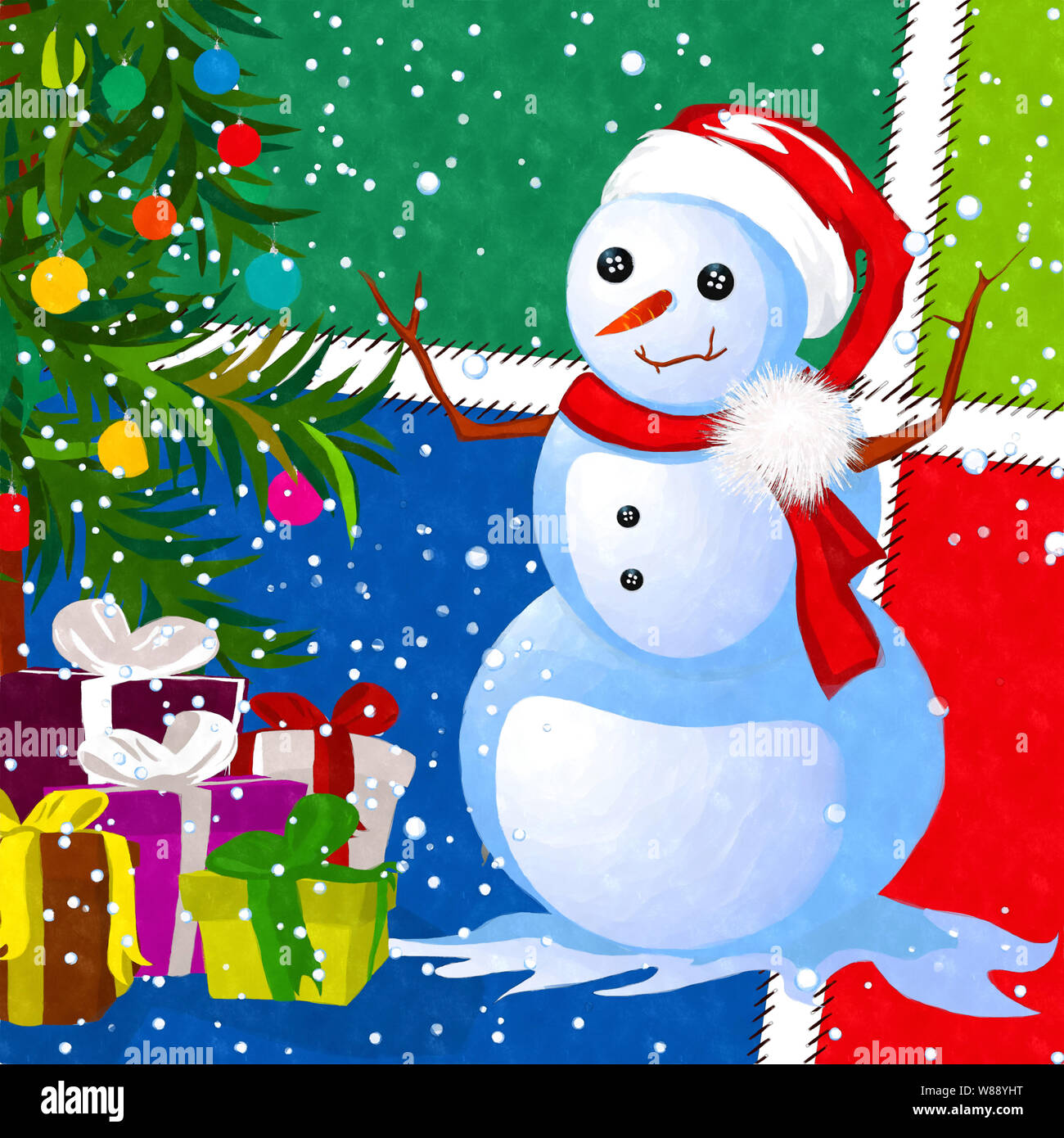 Aquarelle Dessin styile witer carte avec bonhomme de neige et gifths, arbre de Noël Banque D'Images
