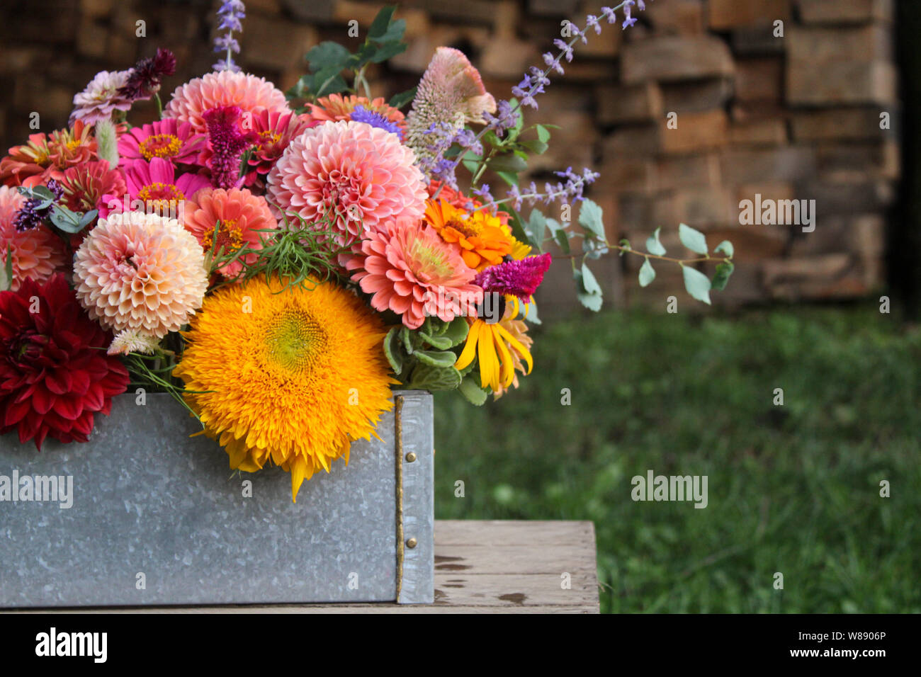 Arrangement floral dans la case en face de fond de bois Banque D'Images
