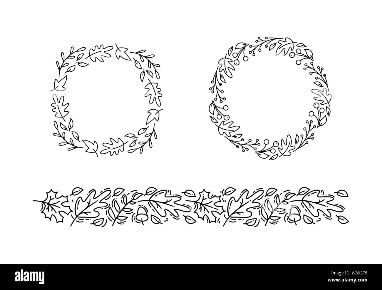 Ensemble de couronne d'automne ronde à la monoline vectorielle et ornement avec place pour le texte. Bouquet de cadre avec feuilles, baies et éléments isolés Illustration de Vecteur