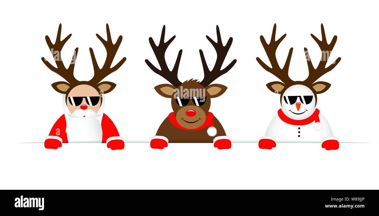 Funny cute cartoon de Noël avec le père noël et renne bonhomme avec des lunettes et de l'andouiller illustration vecteur EPS10 Illustration de Vecteur