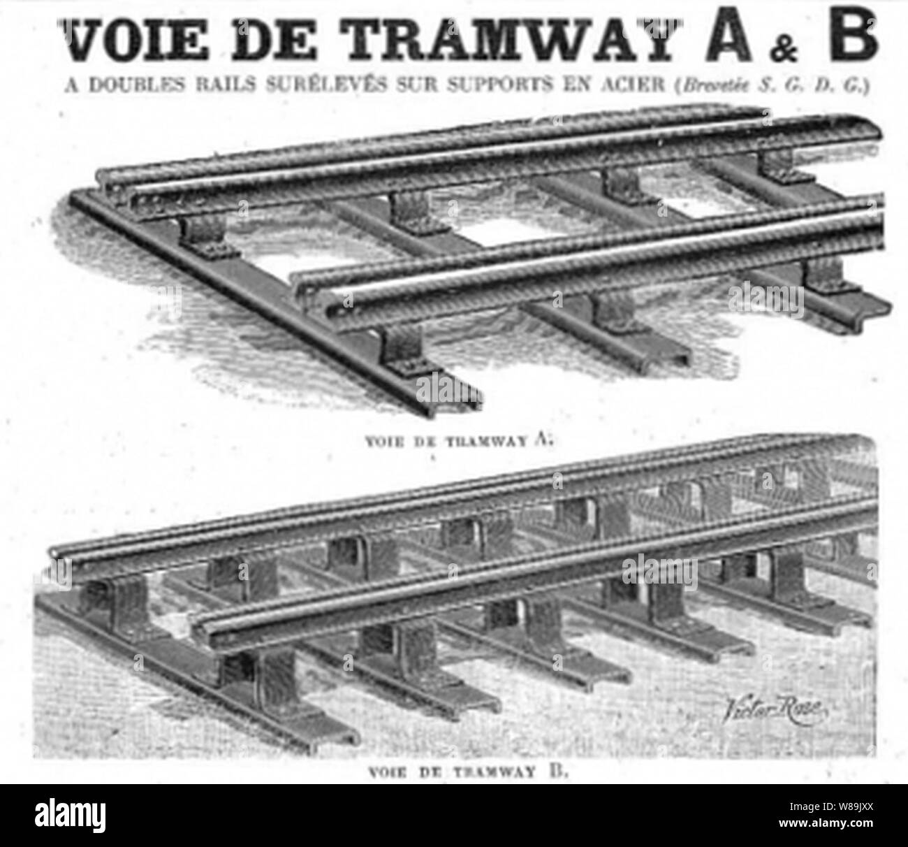 Voie Decauville de Tramway A et B un rails doubles sureleves sur prend en charge en acier (rognée). Banque D'Images