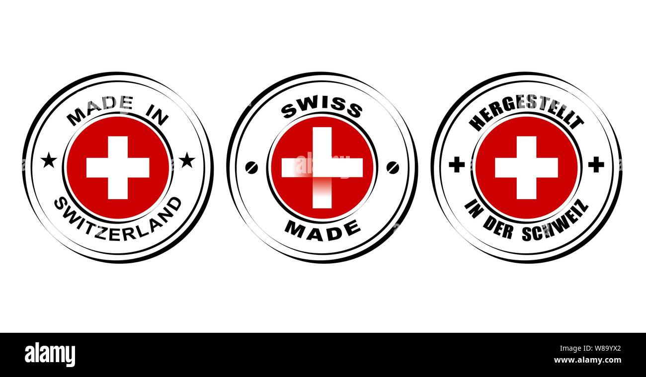 Étiquette ronde faite en Suisse avec le drapeau, avec l'icône montre Swiss made Illustration de Vecteur