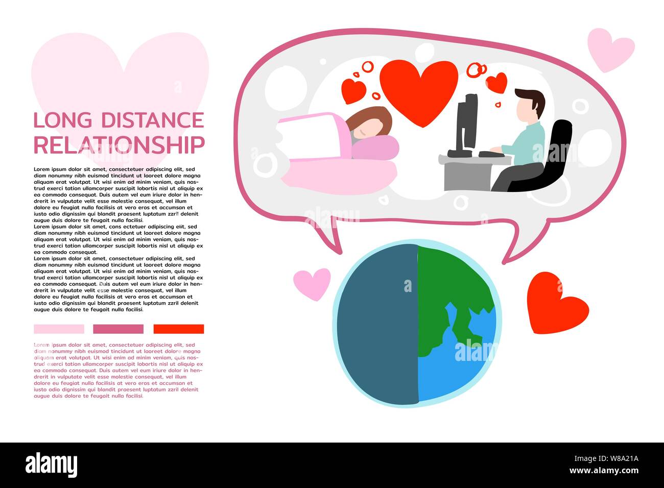Dessin vectoriel de relation à distance avec le texte en page design. Il s'agit d'amoureux dans differrent pays emplacement Illustration de Vecteur