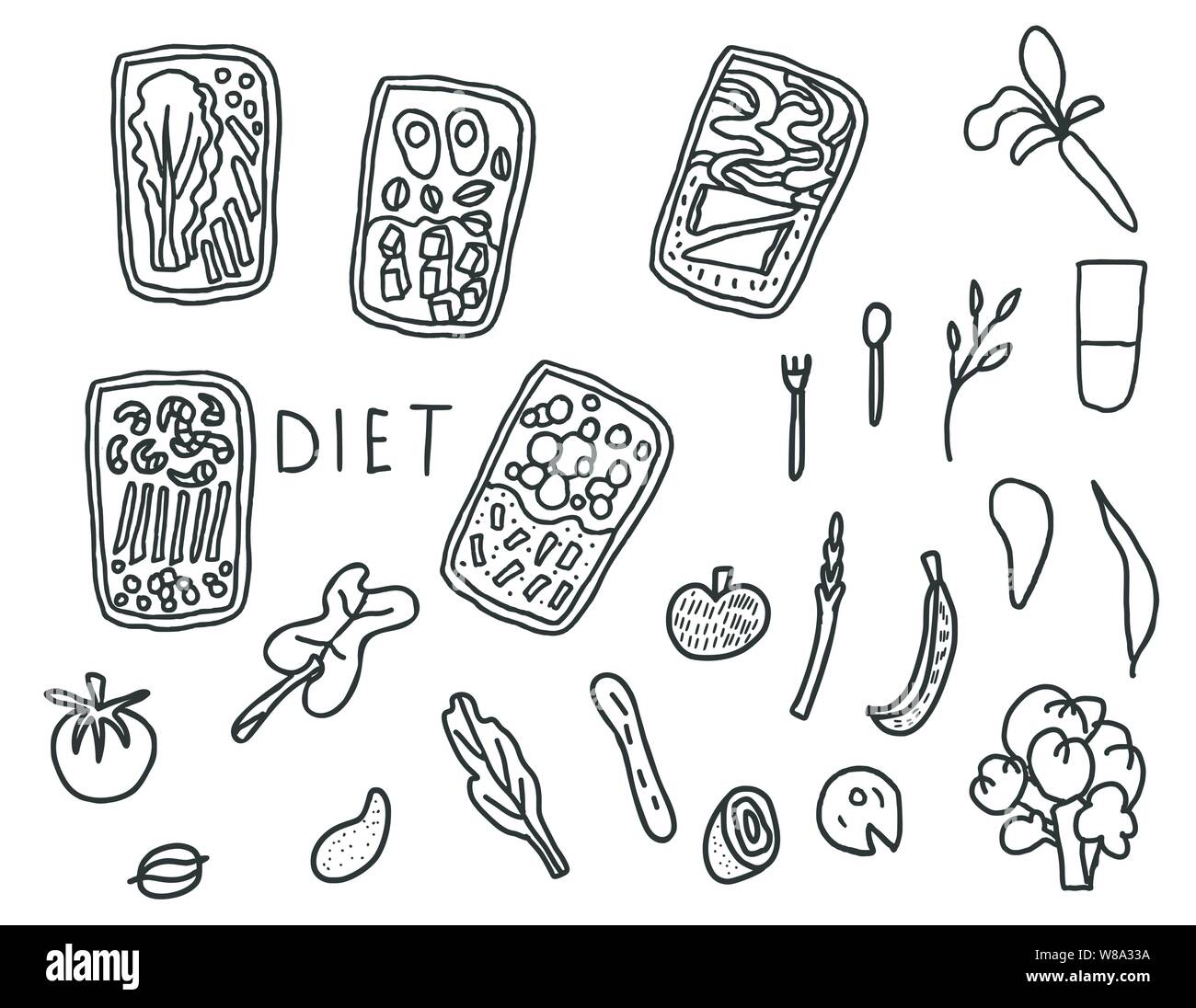 Des repas sains dans la collection style doodle isolé sur fond blanc. Boîtes à lunch et des aliments frais. Alimentation vecteur illustration jeu. Illustration de Vecteur