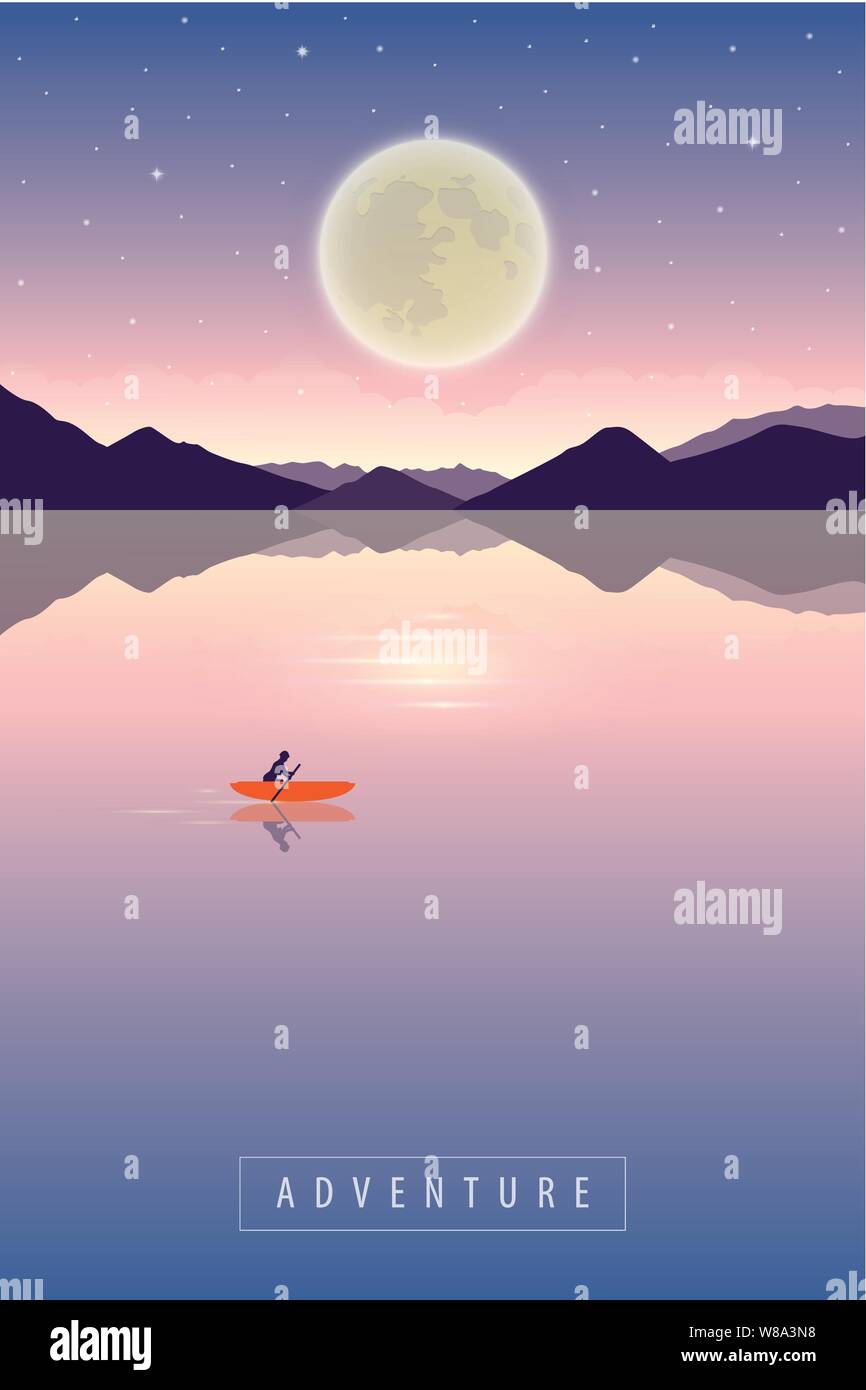 Canot solitaire avec orange voile de nuit avec la pleine lune paysage romantique illustration vecteur EPS10 Illustration de Vecteur