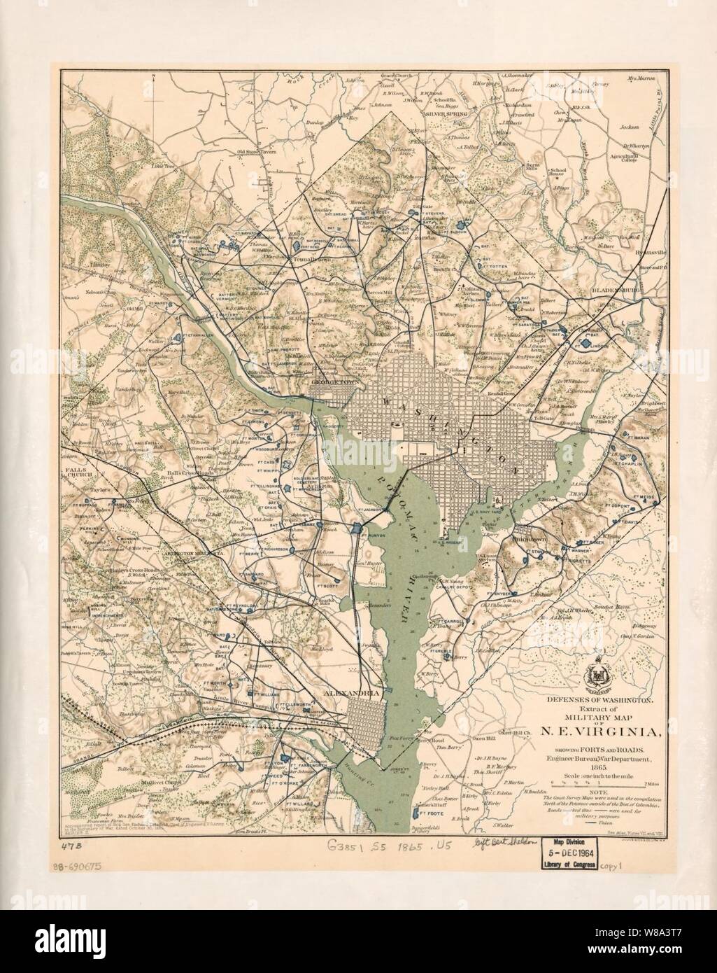 Défenses de Washington, l'extrait de la carte militaire de N.E. Virginie - montrant des forts et des routes principales Banque D'Images