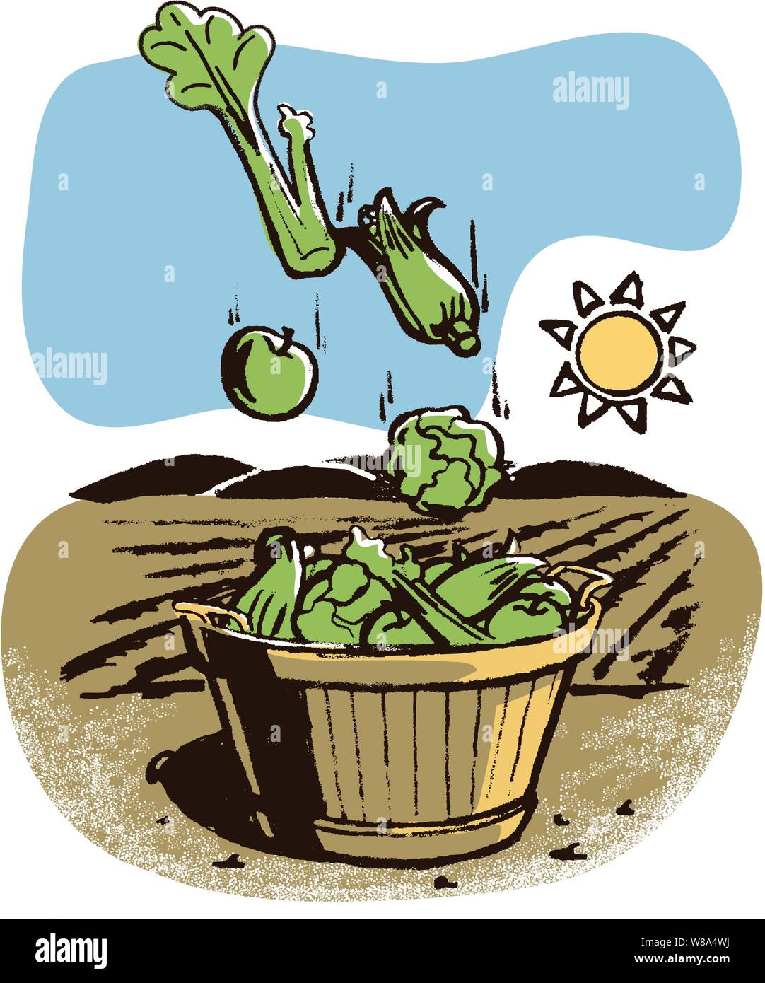 Tomber, légumes et fruits pommes maïs chou laitue cellery dans un panier en osier en face d'un champ et la rame sun & sky Illustration de Vecteur