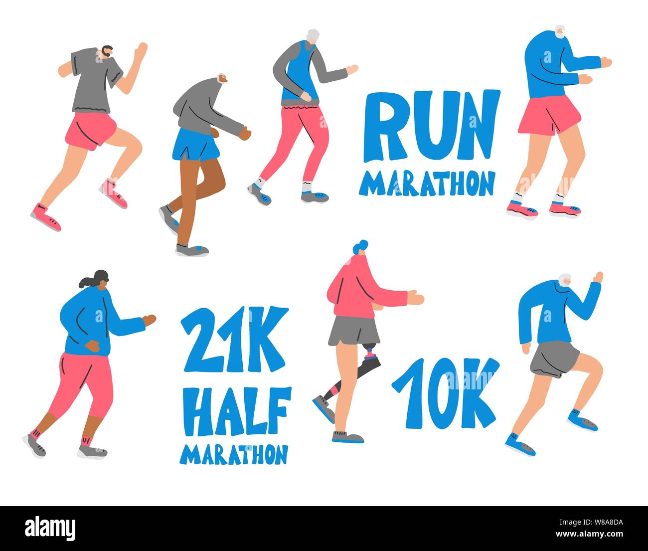 Coureurs et précédemment. Différentes personnes isolées de jogging. La conception de scénario. Illustration de Vecteur