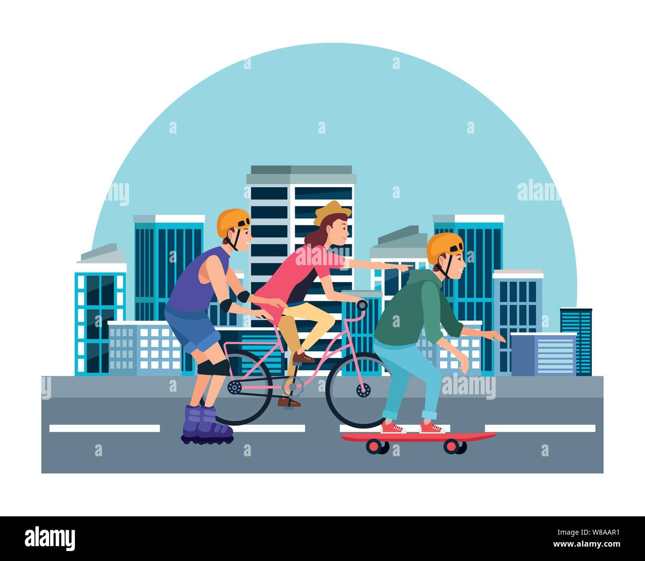 Les jeunes personnes avec sakteboard, patins et vélos Illustration de Vecteur