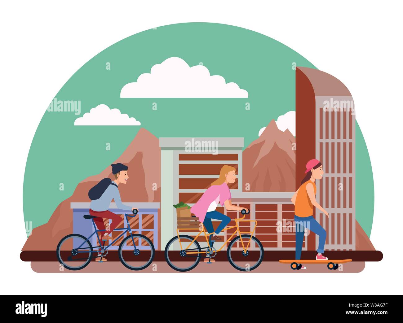 Les gens avec des vélos et du skateboard Illustration de Vecteur