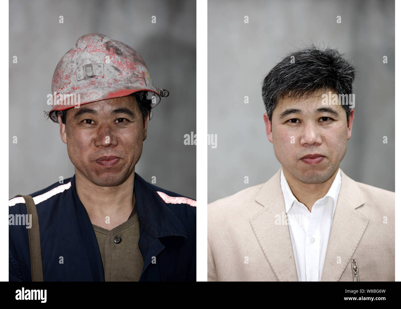 Cette photo composite présente un mineur de charbon chinois avant et après avoir pris un bain dans une mine de charbon dans la ville de Huaibei, la Chine de l'est la province de l'Anhui, 18 mai 2 Banque D'Images
