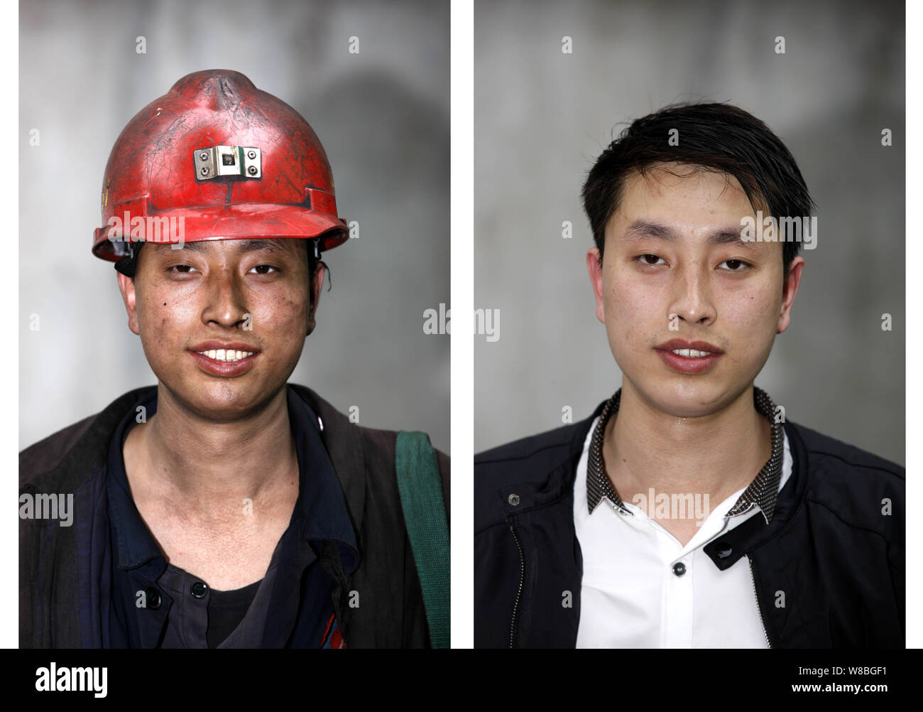 Cette photo composite présente un mineur de charbon chinois avant et après avoir pris un bain dans une mine de charbon dans la ville de Huaibei, la Chine de l'est la province de l'Anhui, 18 mai 2 Banque D'Images