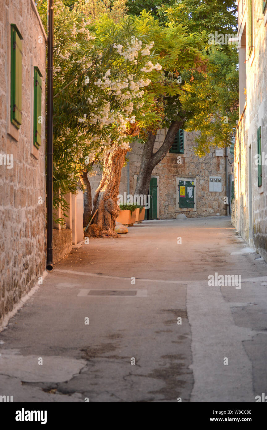 Typiquement dalmate étroit street dans une petite ville de Postira, Brac island Banque D'Images