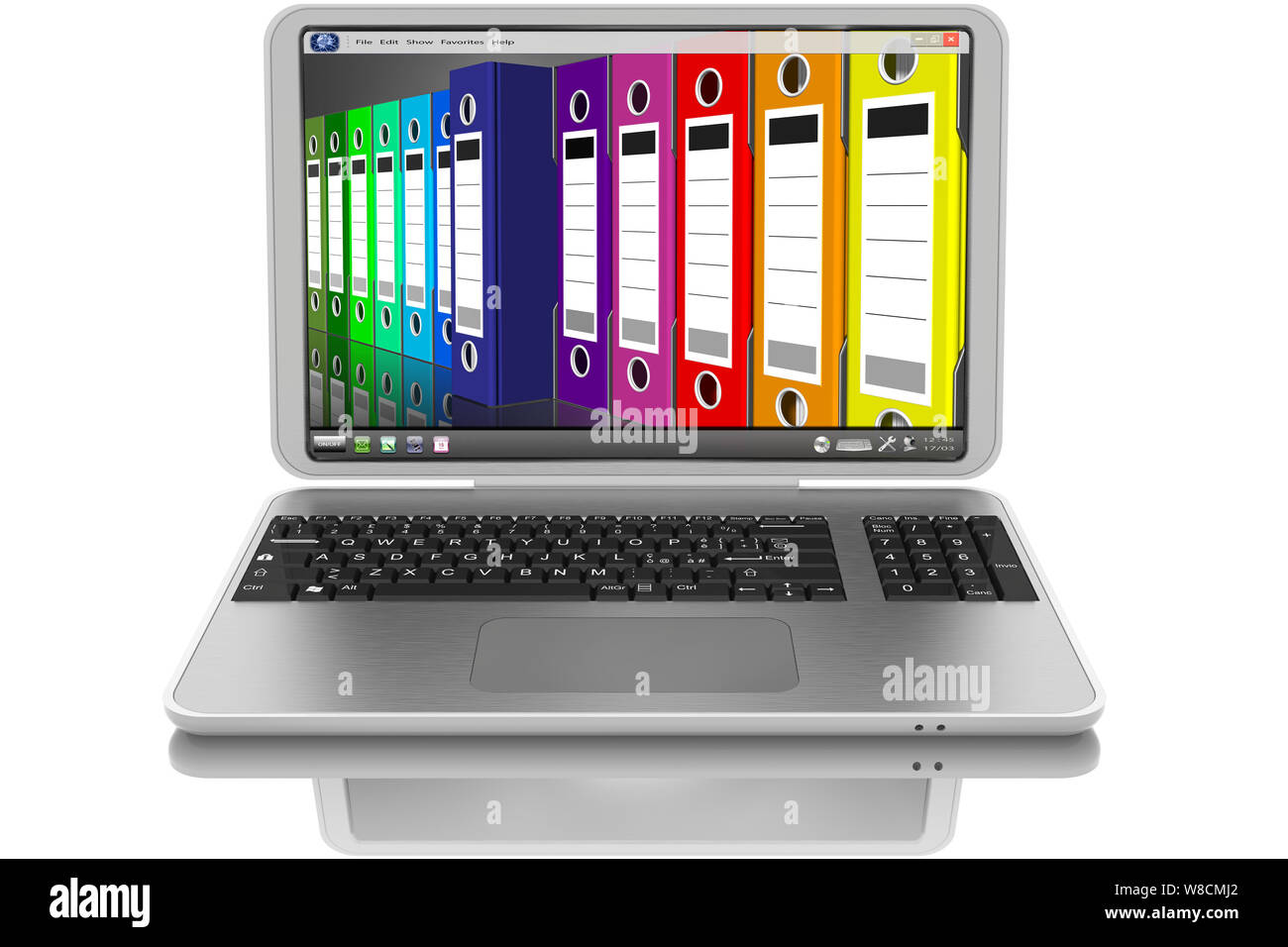 3D illustration. Ordinateur portable gris ouvert. Sur l'écran des dossiers et classeurs pour Office. Banque D'Images