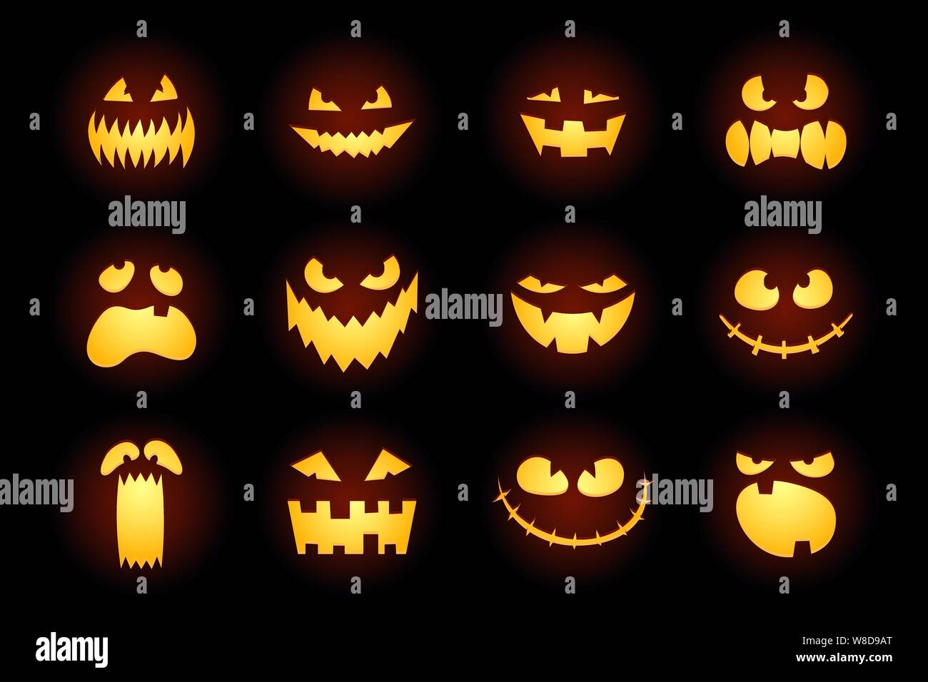 Halloween Monster Jack lanterne citrouille sculptée luisant visage effrayant sur fond blanc. Collection de personnages de dessin animé pour les fêtes pour le motif de fête. Scénario d'horreur de dessin animé sinistre illustration Illustration de Vecteur