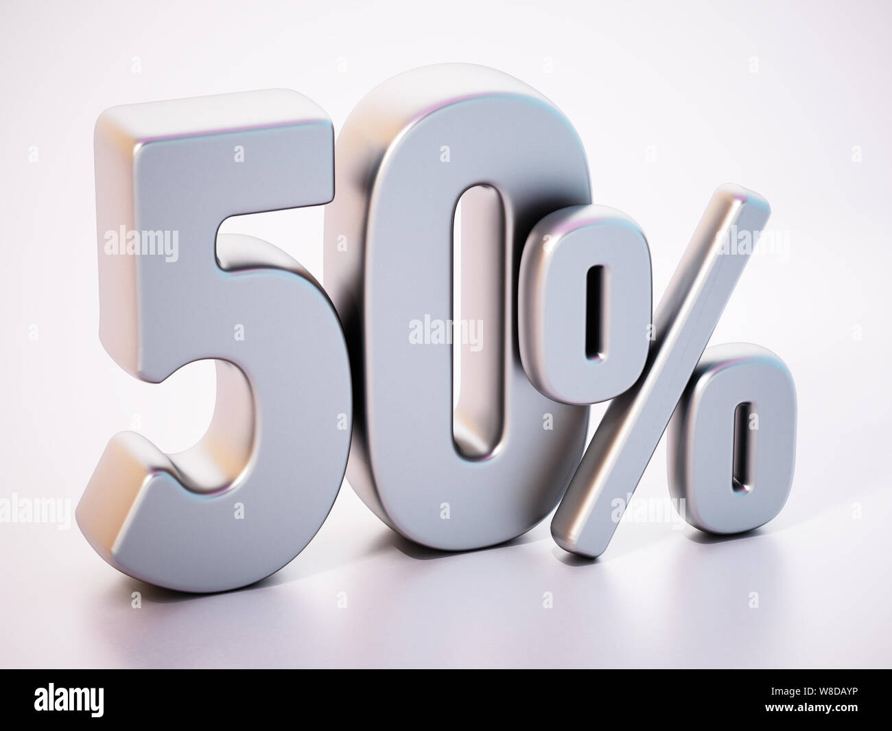 50 pour cent mot debout sur la surface blanche avec la réflexion. 3D illustration. Banque D'Images