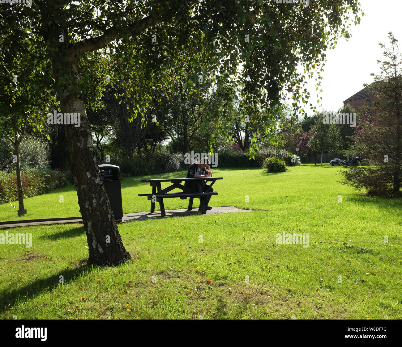 Homme profondément dans ses pensées alors que la pensée assis sur un banc de pique-nique table dans un parc, sur une chaude journée ensoleillée en Angleterre. photo DON TONGE Banque D'Images