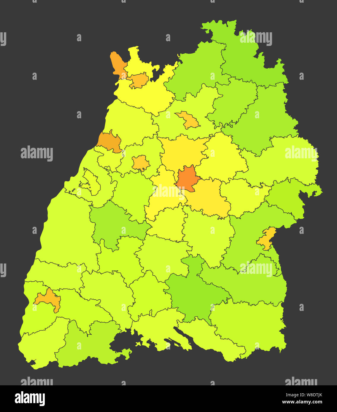 Population Bade-wurtemberg carte thermique indiquées dans divers niveaux de couleur Banque D'Images