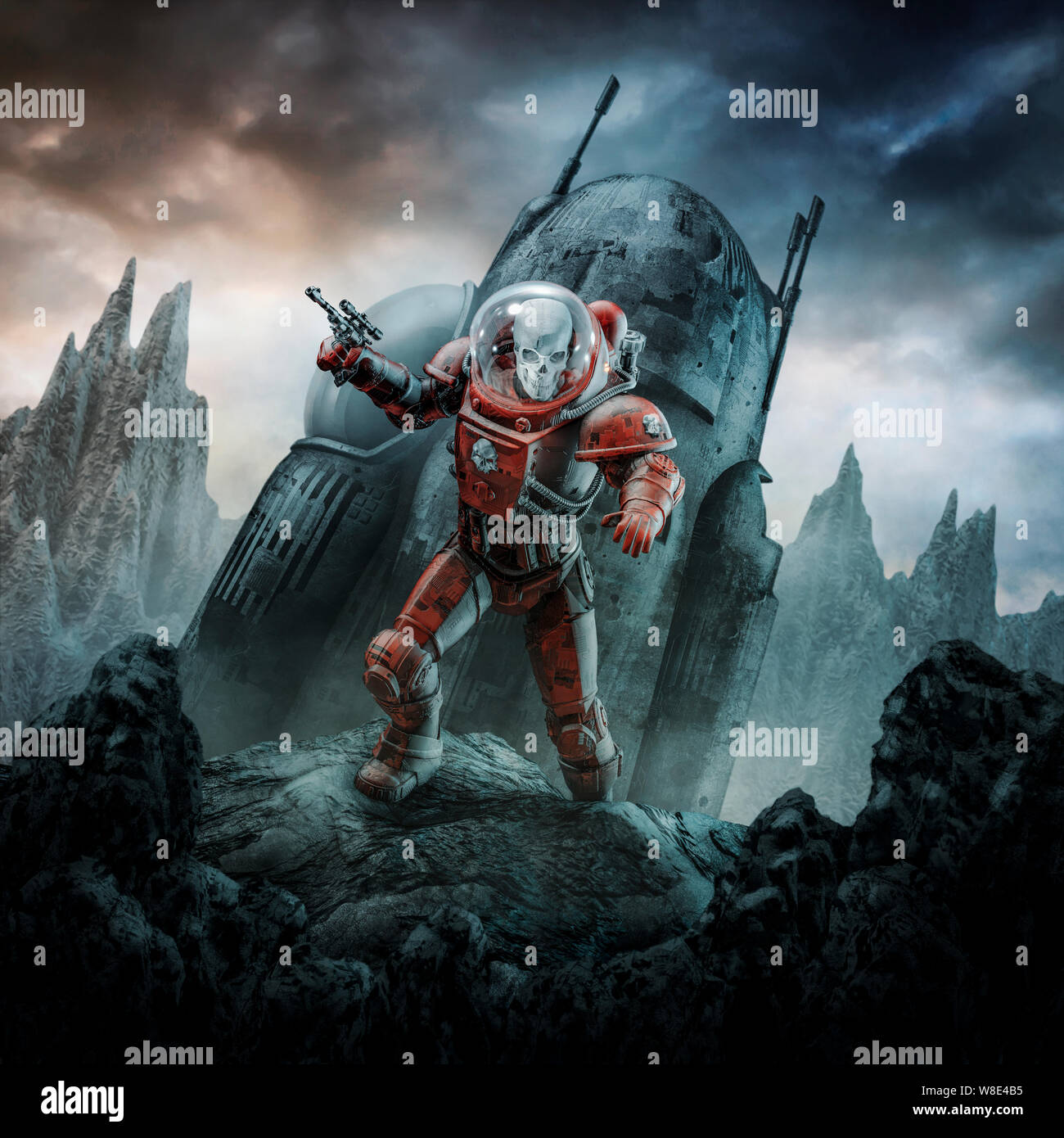 L'astronaute squelette écrasé / 3D illustration de la science-fiction rétro scène montrant le mal crâne face soldat de l'espace après avoir écrasé à l'atterrissage sur monde étranger Banque D'Images