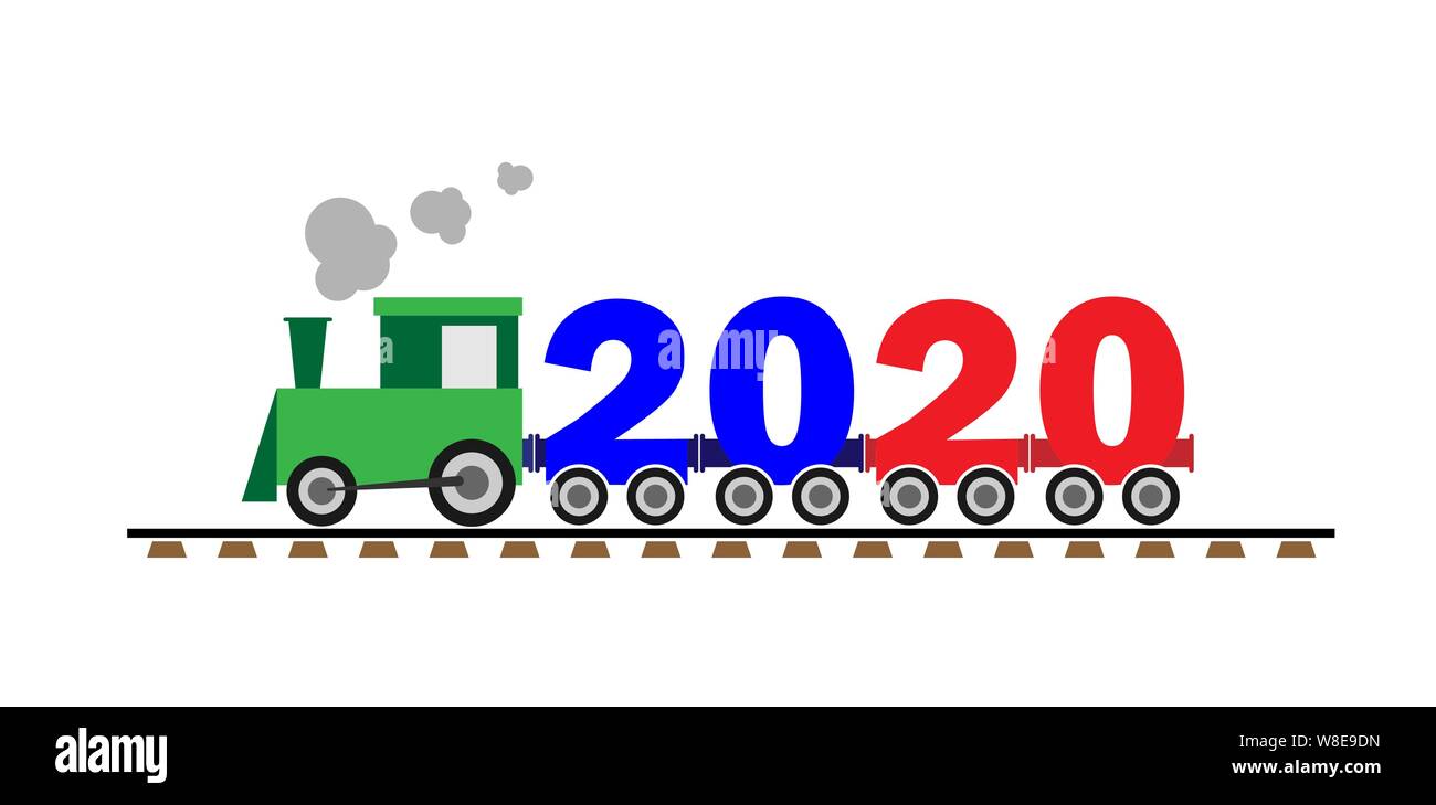 Les enfants de neuf ans avec des voitures de train sous la forme du nombre 2020. Modèle plat. Illustration de Vecteur