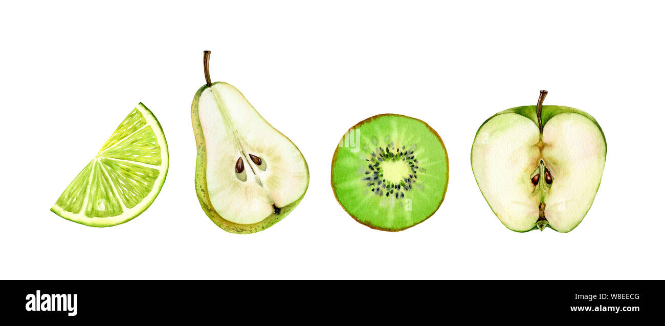 Série de coupes demi-fruits poire pomme verte citron vert kiwi seeds illustration aquarelle botanique réaliste isolé sur blanc juteux, dessinés à la main, des aliments tropicaux Banque D'Images