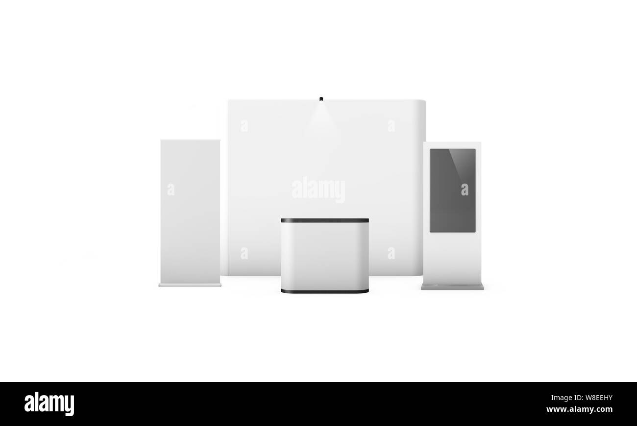 Blank trade exhibition stand isolés. Stand, roll up, totem de POI et de contre modèle. Le rendu 3D Banque D'Images