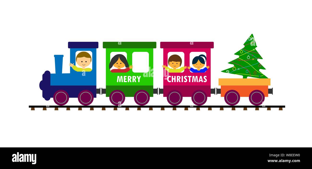Le train de voyageurs de l'enfant porte les enfants et arbre de Noël. Modèle plat. Illustration de Vecteur