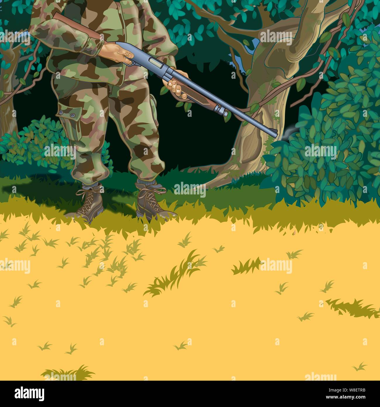 Hunter holding fumeurs shot gun dans un pré d'herbe jaune en face d'une forêt de tres et arbustes Illustration de Vecteur