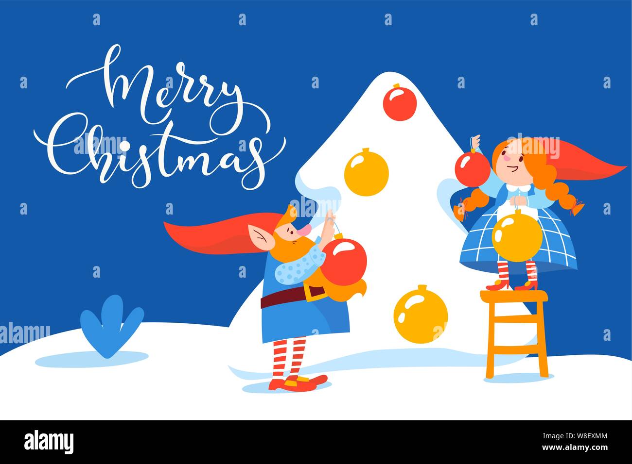L'affiche de Noël design vector cartoon avec arbre de Noël décorer gnomes Illustration de Vecteur