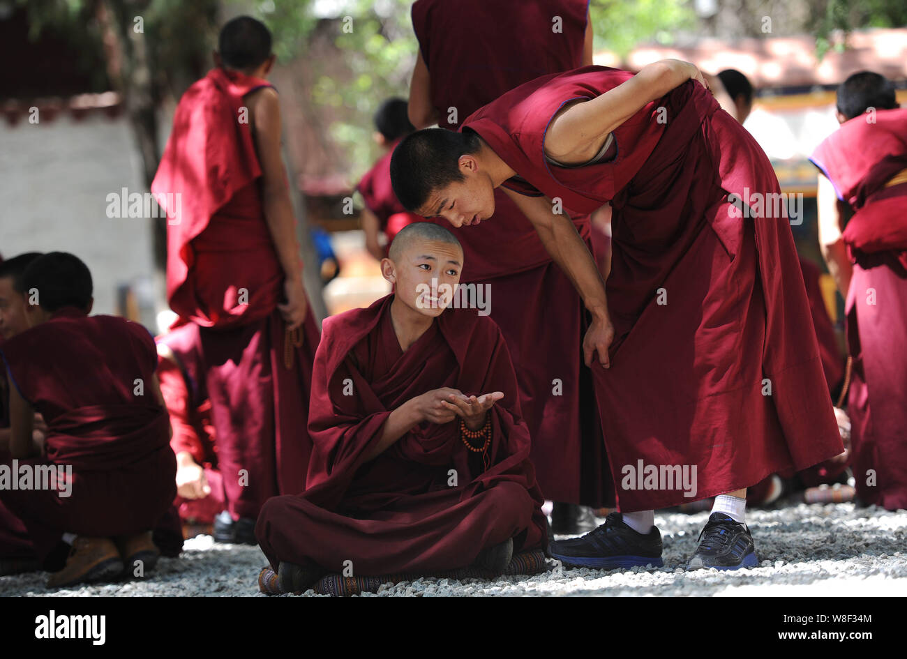 --FILE--lamas tibétains débat sur les écritures au monastère de Sera à Lhassa, au sud-ouest de la région autonome du Tibet de la Chine, 25 août 2012. Moines, prêtres et Banque D'Images