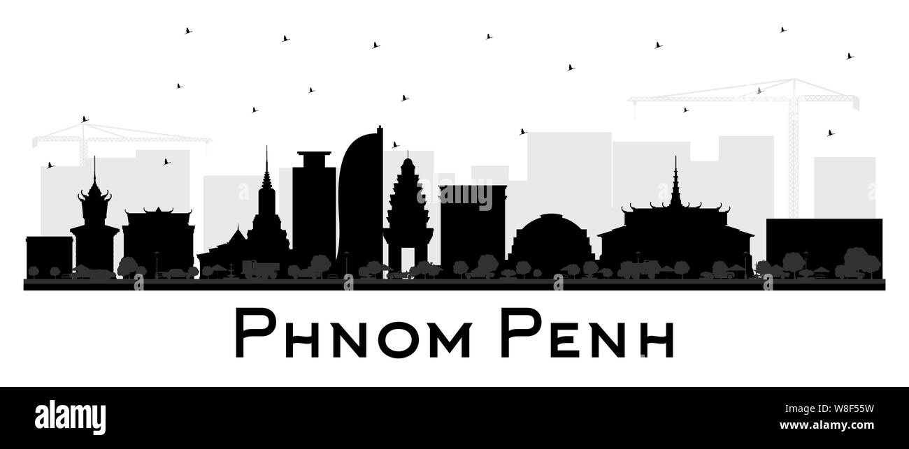 Cambodge Phnom Penh City Skyline Silhouette aux bâtiments noir isolé sur blanc. Vector Illustration. Concept du tourisme avec l'architecture historique. Illustration de Vecteur