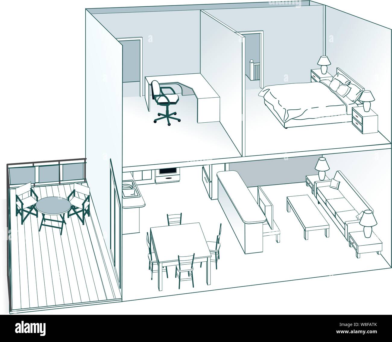 Schéma de la maison de poupées. Coupe d'une chambre avec cuisine, patio, salle de séjour, bureau, chambre et grenier Illustration de Vecteur