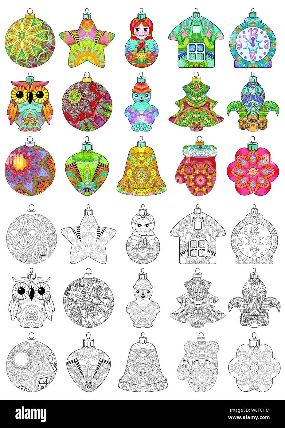 Zentangle de Noël stylisé ensemble de décorations. Illustration vecteur de dentelle à la main Illustration de Vecteur