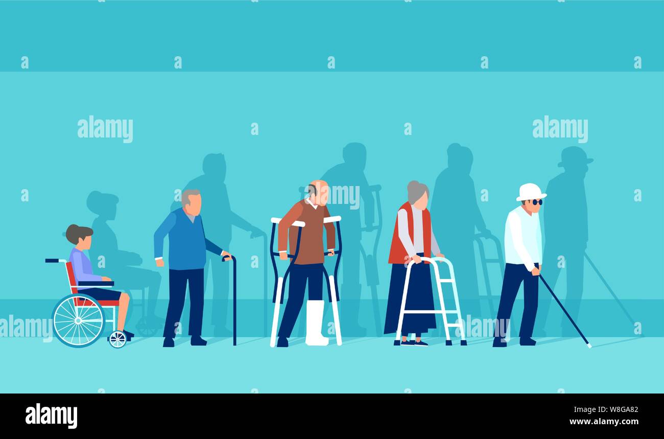 Vecteur de la mobilité des personnes handicapées en fauteuil roulant, senior avec du plâtre et des craquements, Walker et aveugle avec canne. Illustration de Vecteur