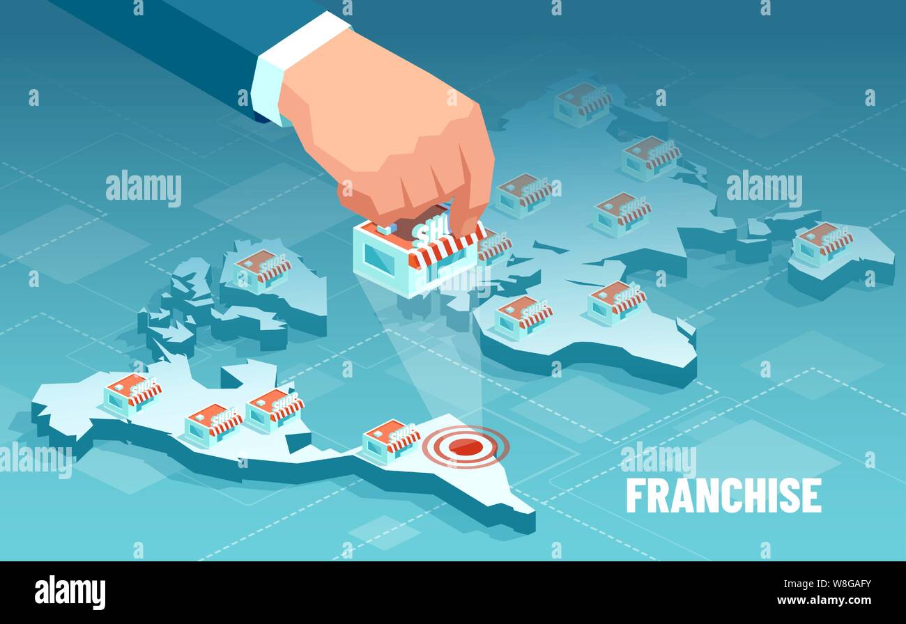 Vecteur d'un businessman part l'expansion du réseau de magasins de marque sur la carte du monde. Concept de franchise. Illustration de Vecteur