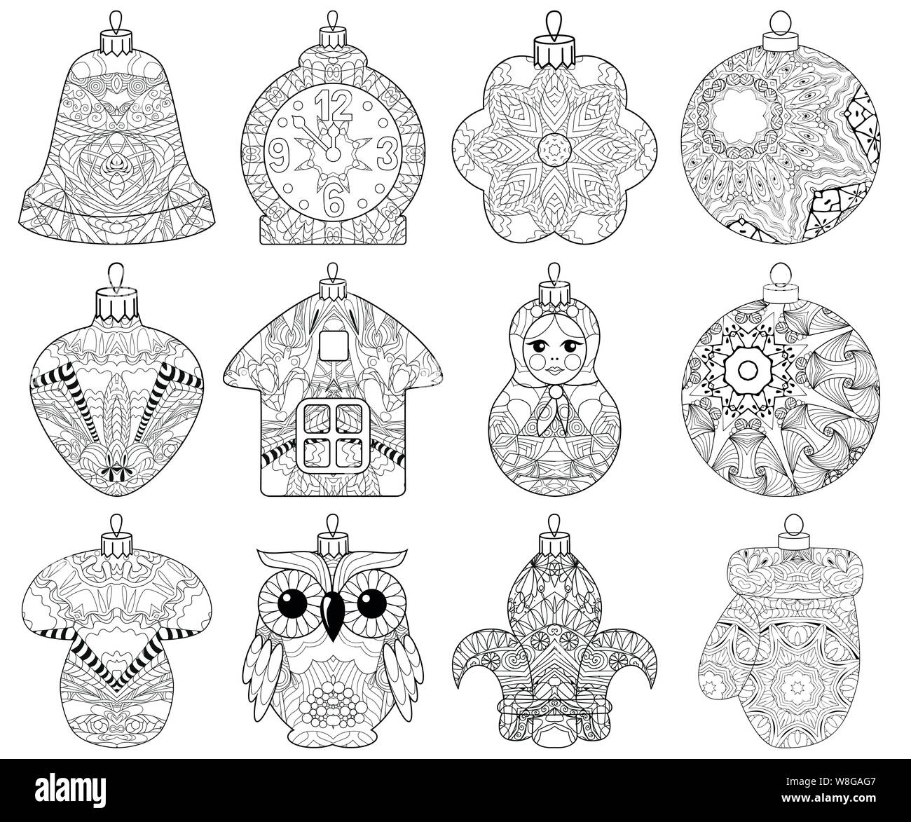 Zentangle de Noël stylisé ensemble de décorations. Illustration vecteur de dentelle à la main Illustration de Vecteur