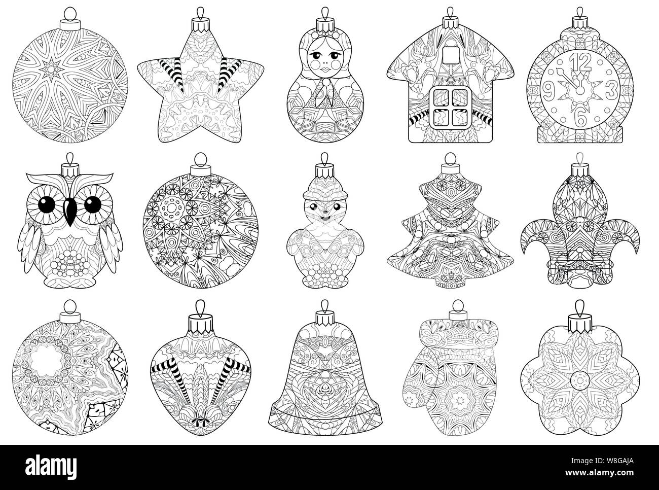 Zentangle de Noël stylisé ensemble de décorations. Illustration vecteur de dentelle à la main Illustration de Vecteur