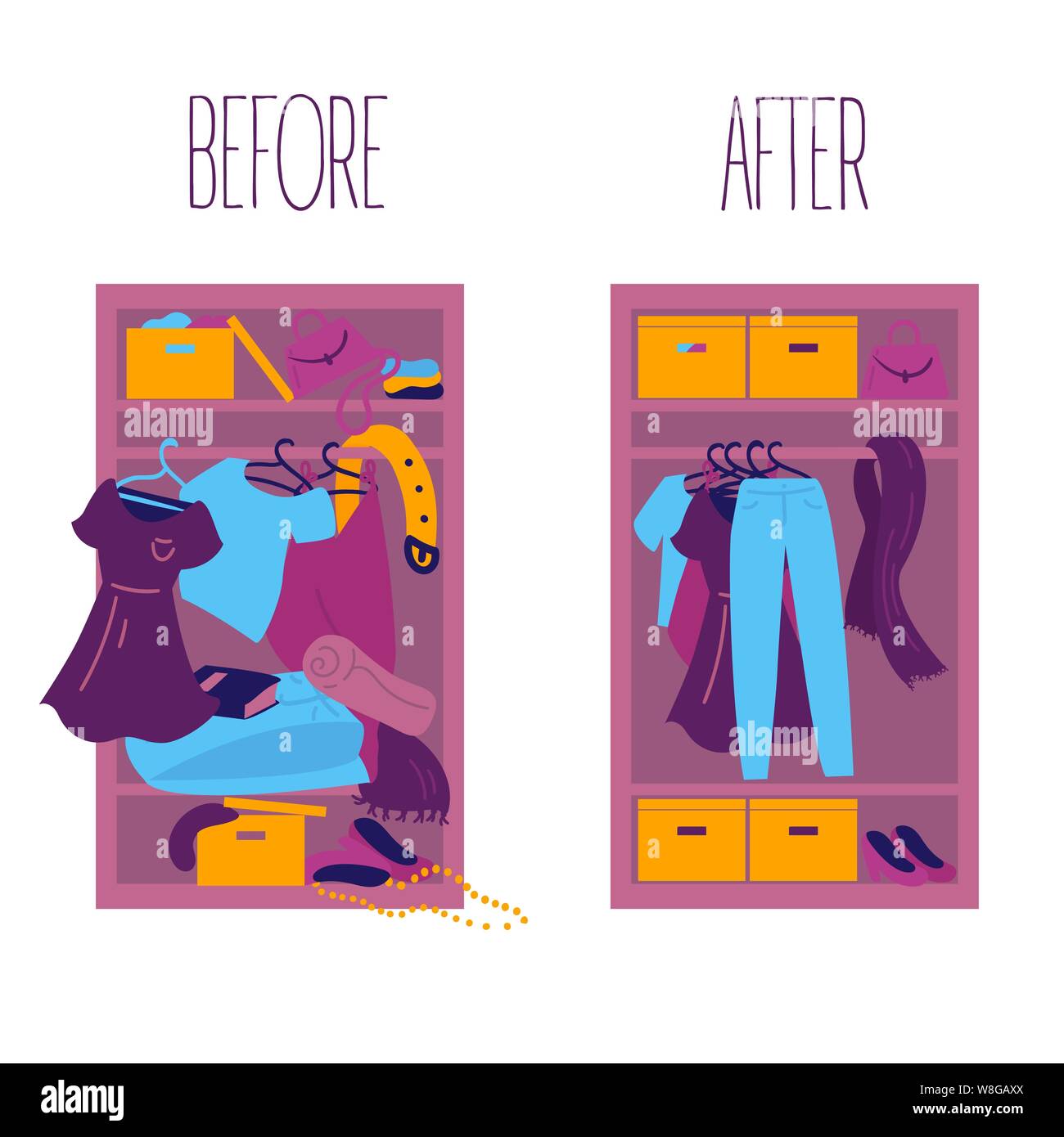 Style minimaliste concept.Deux placards avec des vêtements, l'une avant le nettoyage et le tri, l'autre après.le désordre et l'ordre après le tri des choses. V Illustration de Vecteur