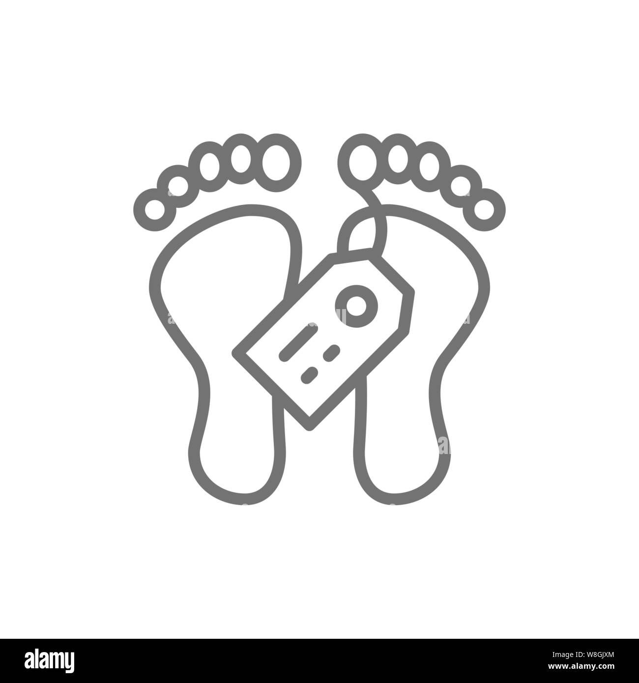 Pieds avec un tag, de la morgue, l'icône de la ligne du corps mort. Illustration de Vecteur