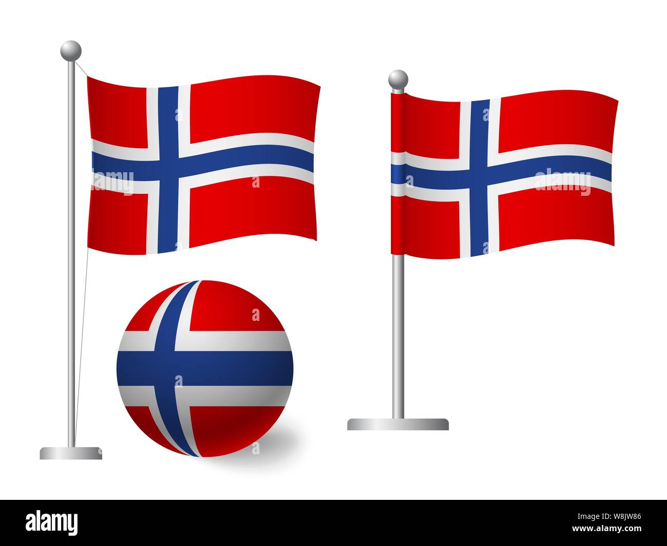 Drapeau de la Norvège sur le poteau et le ballon. Mât en métal. Drapeau