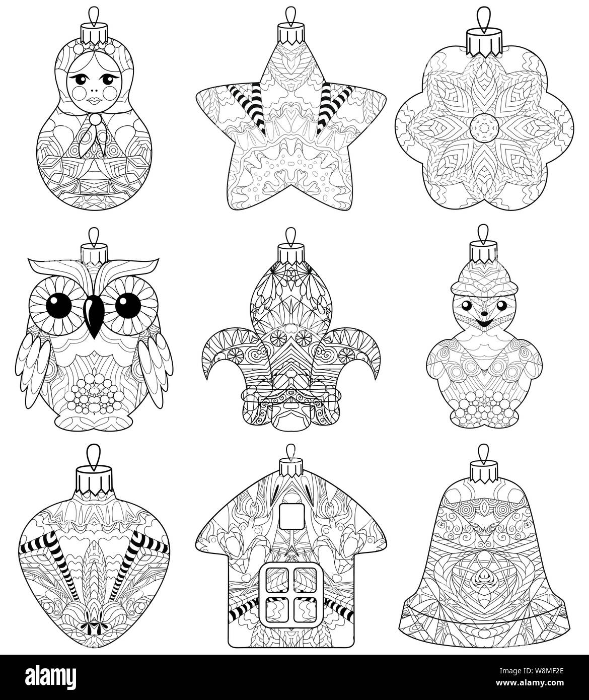Zentangle de Noël stylisé ensemble de décorations. Illustration vecteur de dentelle à la main Illustration de Vecteur