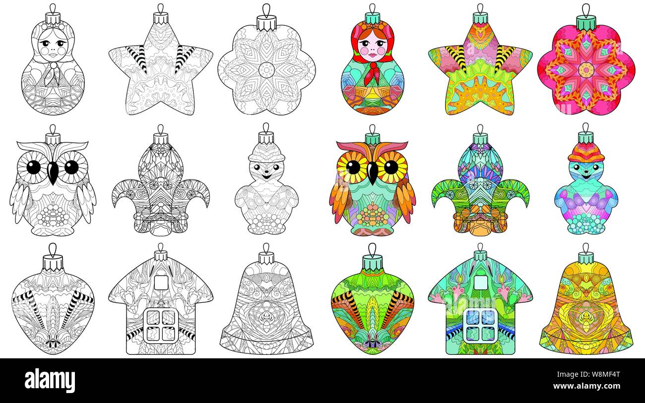 Zentangle de Noël stylisé ensemble de décorations. Illustration vecteur de dentelle à la main Illustration de Vecteur