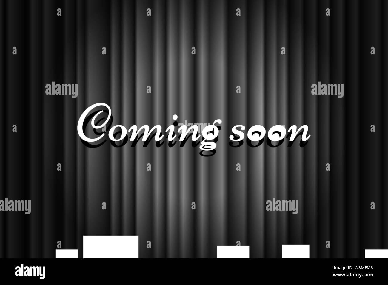 Bientôt disponible, écrivez le titre sur fond fermé noir soyeux de rideau de théâtre de luxe avec faisceau de projecteur illuminé. Ancienne annonce de promotion cinéma scénario rétro modèle d'affiche illustration Illustration de Vecteur