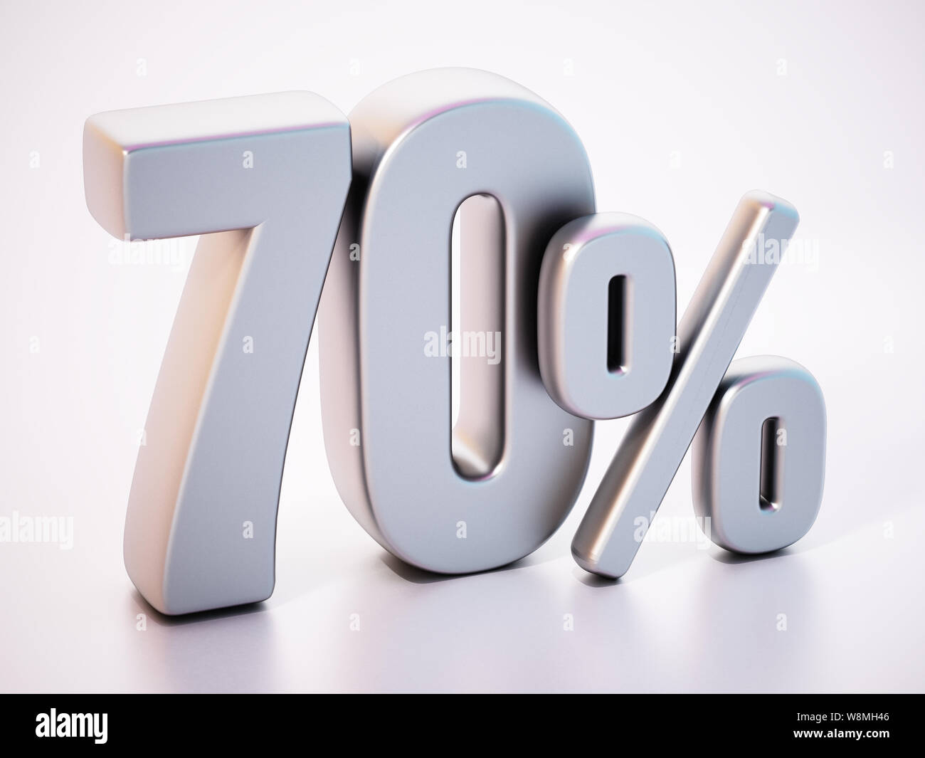 70 pour cent mot debout sur la surface blanche avec la réflexion. 3D illustration. Banque D'Images