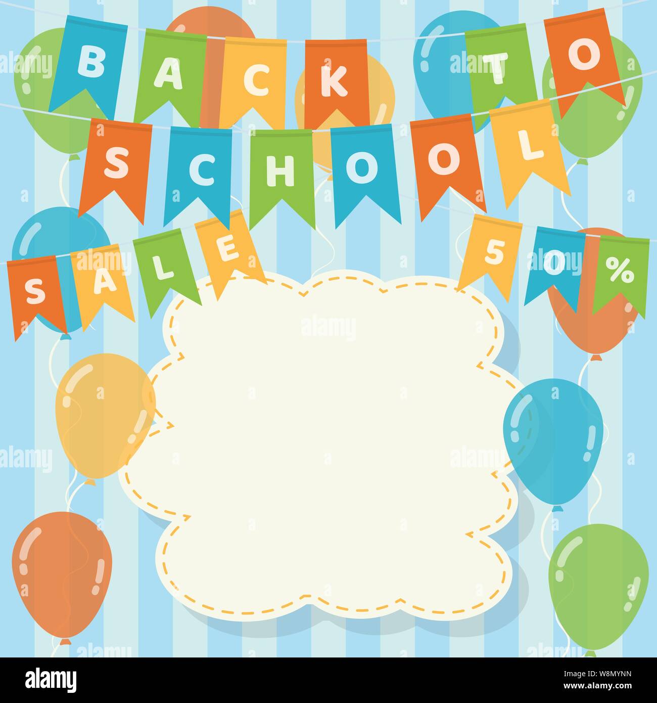 Retour à l'école avec bannière drapeau suspendu colorés guirlandes, ballons et cousu en blanc sur fond bleu nuage bandes Illustration de Vecteur