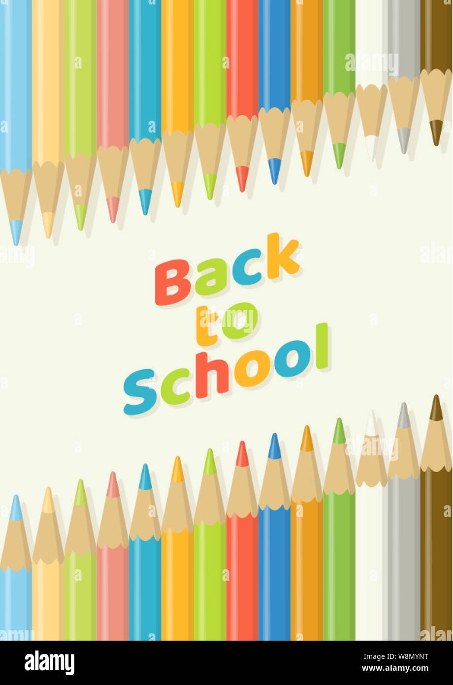 Concept Retour à l'école avec des crayons de couleurs en bois multicolore en alignement diagonal sur fond jaune clair en vue de dessus Illustration de Vecteur